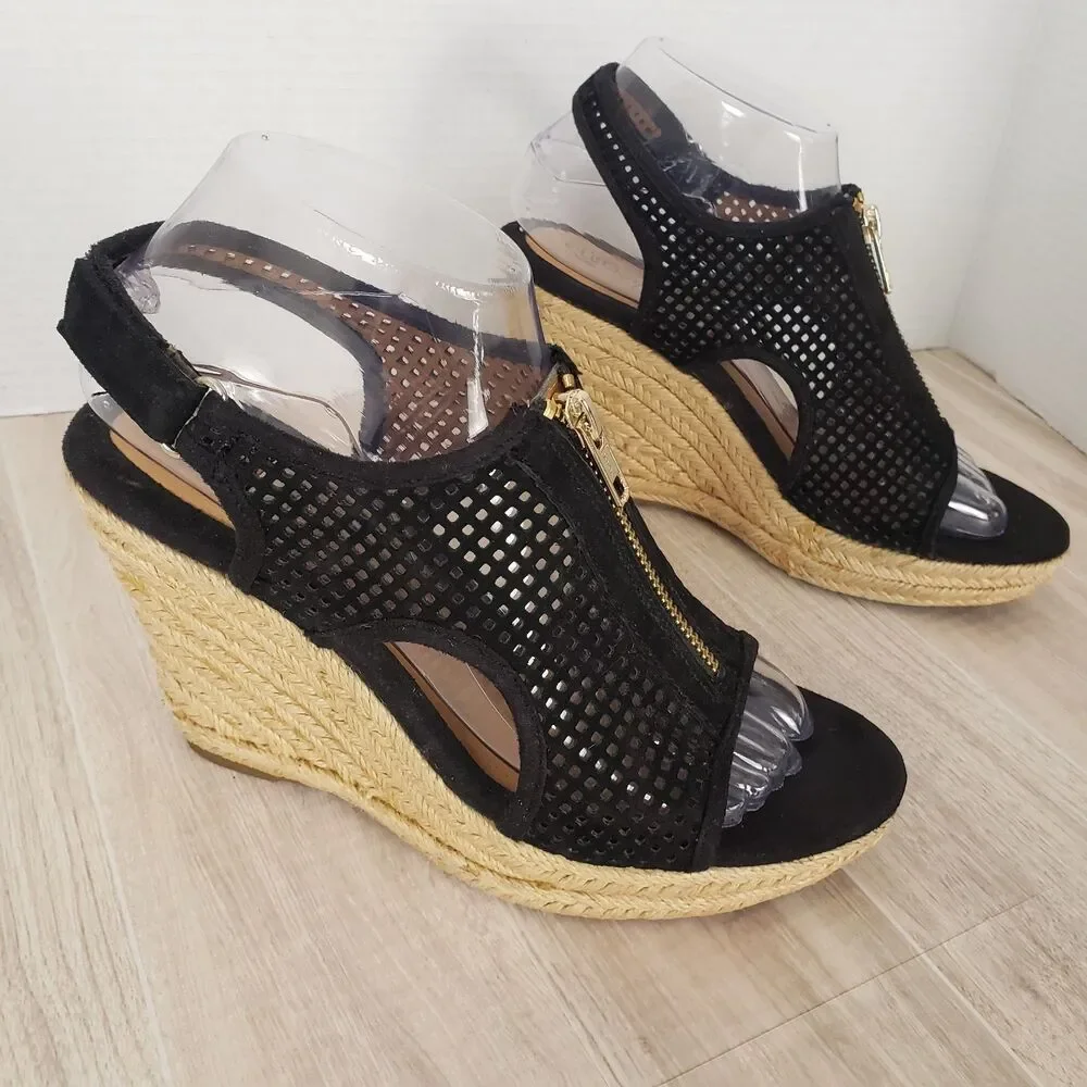 Sofft Black Suede Raffia Wedge Sandals Perforated Leather Sz 7.5 Ankle Strap